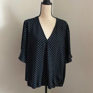 Sanctuary Polka Dot VNeck Blouse Plus Size 1X Navy Blue Preppy Retro‎ Clean Girl